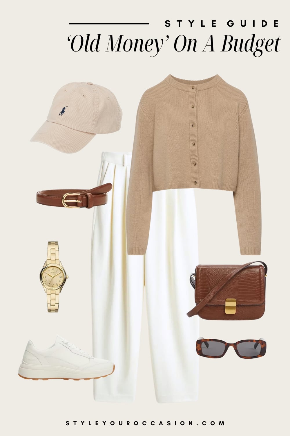 an image board of an old money outfit featuring white pleated pants, a beige cardigan, a beige baseball cap, white trainers, and tan leather and gold accessories