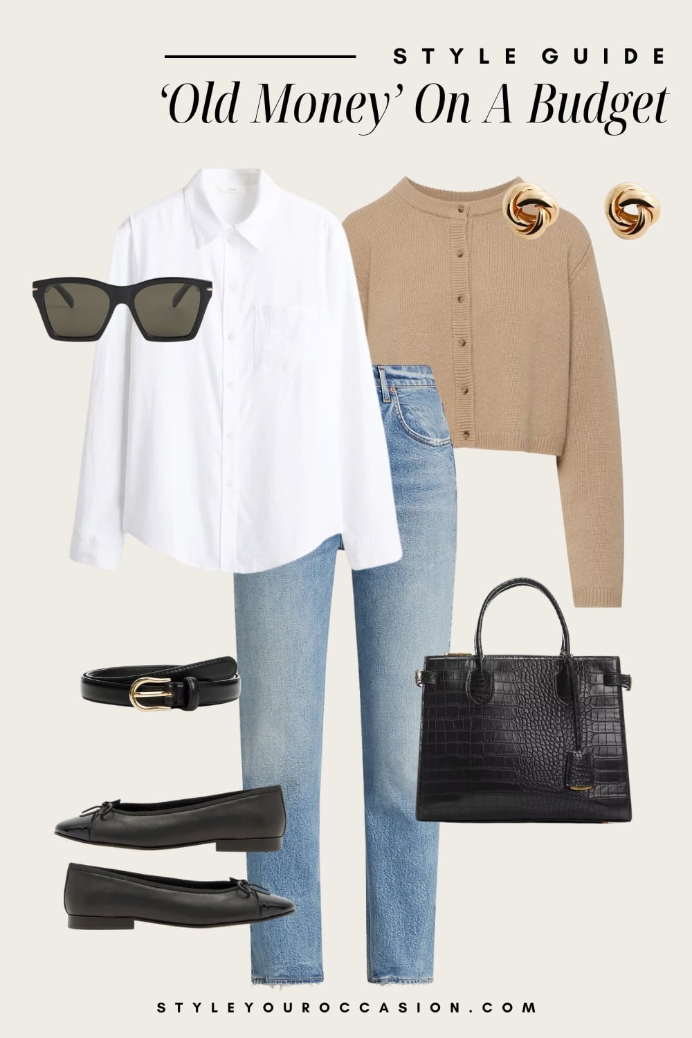 an image board of an old money outfit featuring light blue jeans, a white button-up, a beige cardigan, black cap toe ballet flats, and black and gold accessories