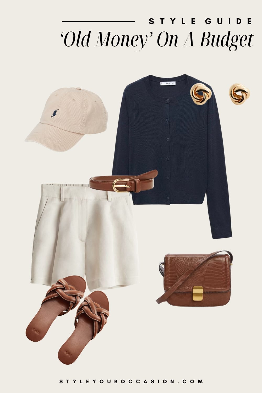 an image board of an old money outfit featuring pleated beige shorts, a navy cardigan, a beige baseball cap, cognac leather sandals, and leather and gold accessories