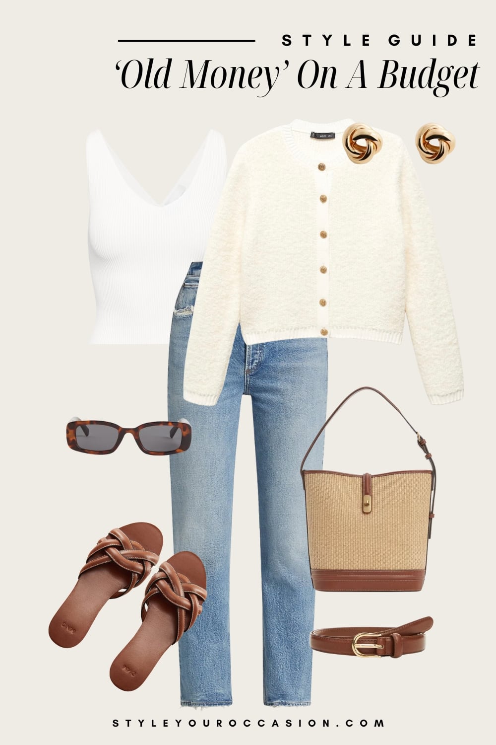 an image board of an old money outfit featuring medium wash jeans, a white tank, a fluffy white cardigan, cognac leather sandals, and leather and gold accessories