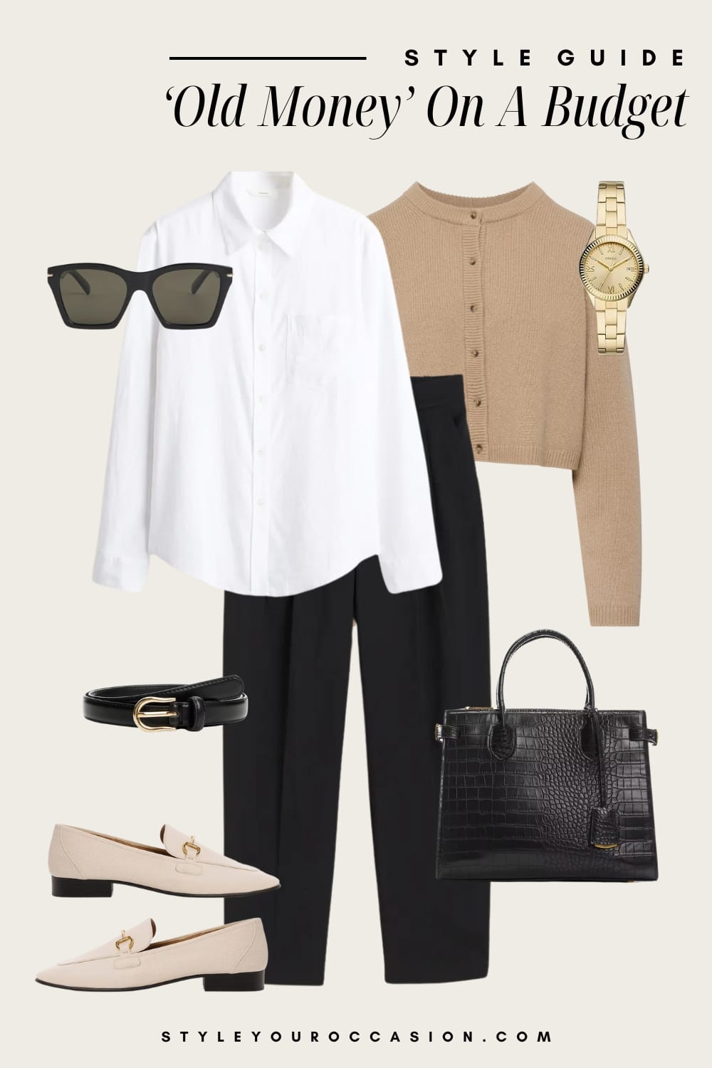 an image board of an old money outfit featuring pleated black pants, a white button-up, a beige cardigan, cream loafers, and black and gold accessories