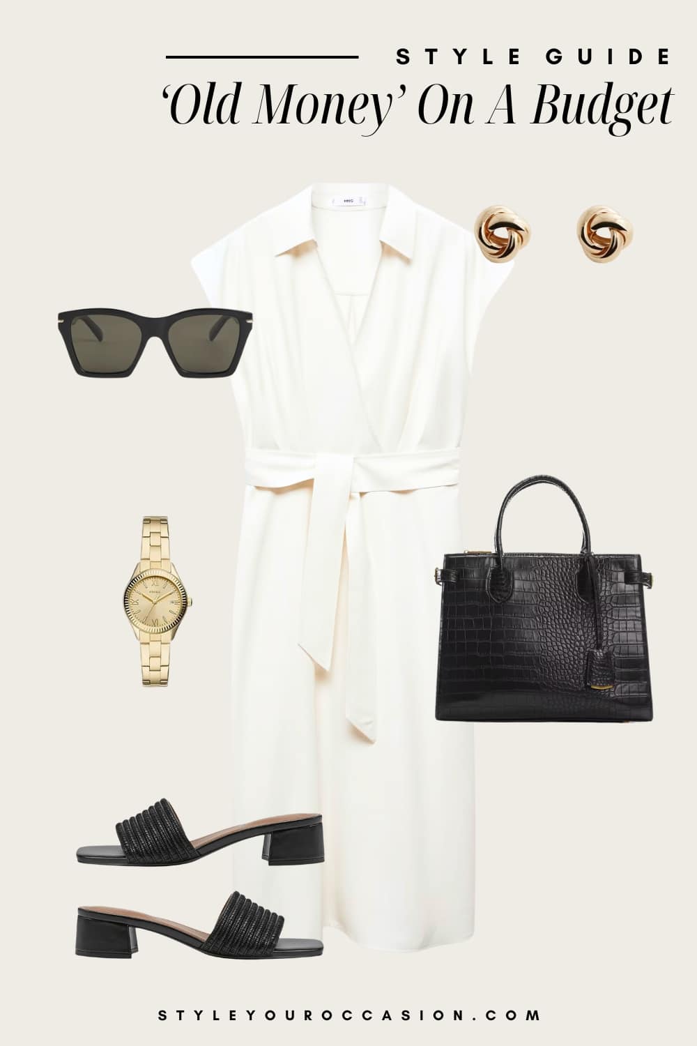 an image board of an old money outfit featuring a cap sleeve ivory wrap dress, black block heels, and black and gold accessories