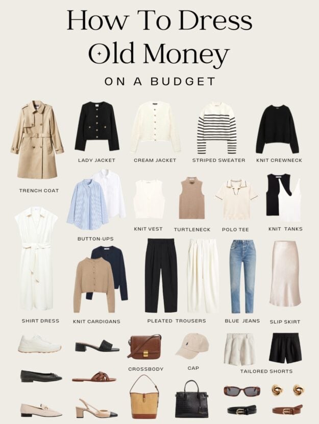 capsule wardrobe collage graphic with old money pieces that are budget friendly, including neutral tops, trousers, and accessories