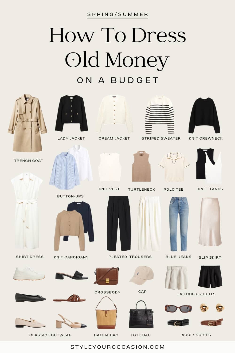 capsule wardrobe collage graphic with old money pieces that are budget friendly, including neutral tops, trousers, and accessories