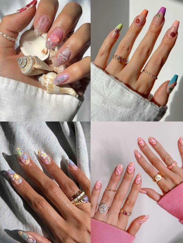 collage of four hands with colorful and floral nail designs for Spring Break