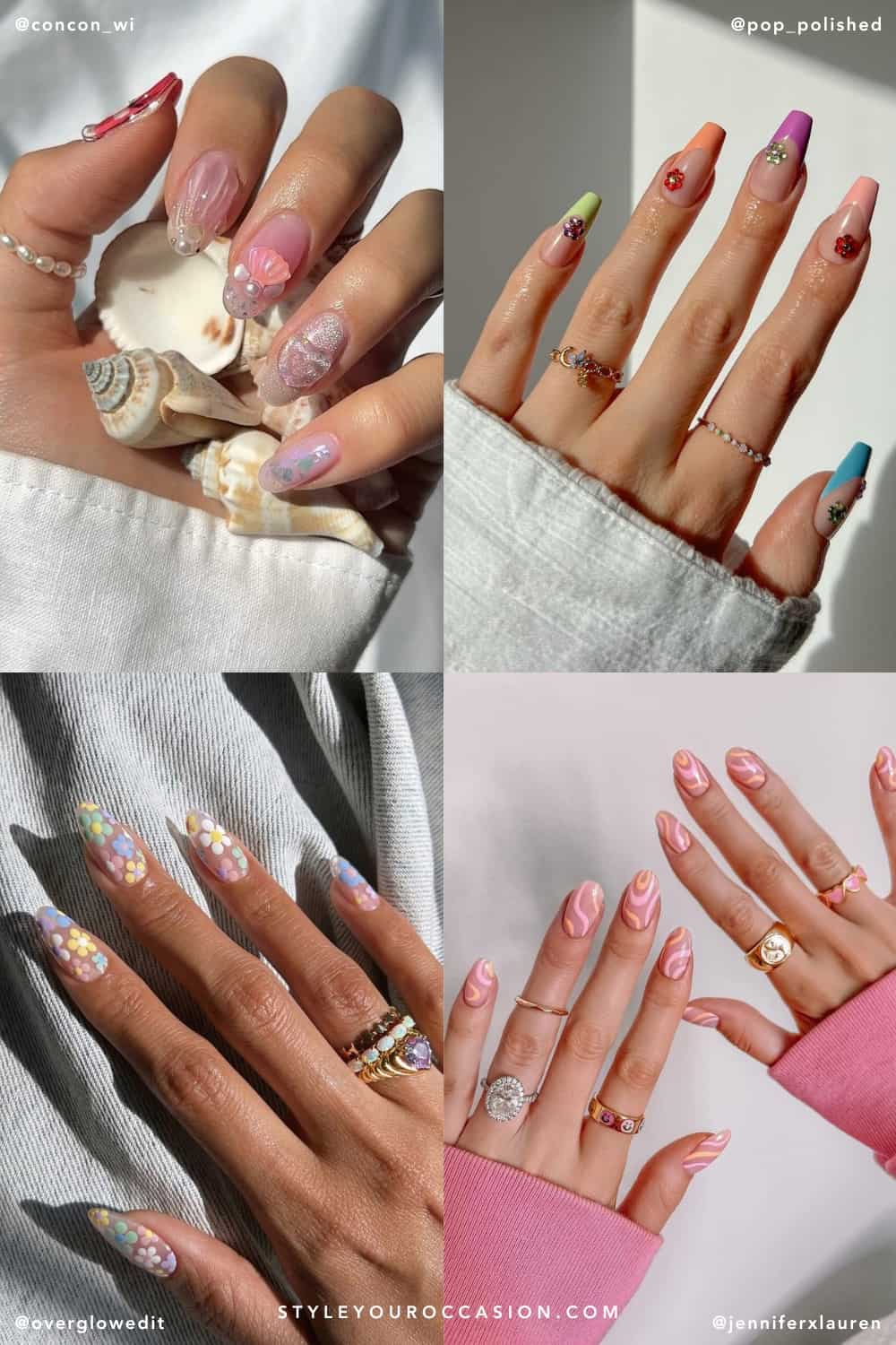 collage of four hands with colorful and floral nail designs for Spring Break