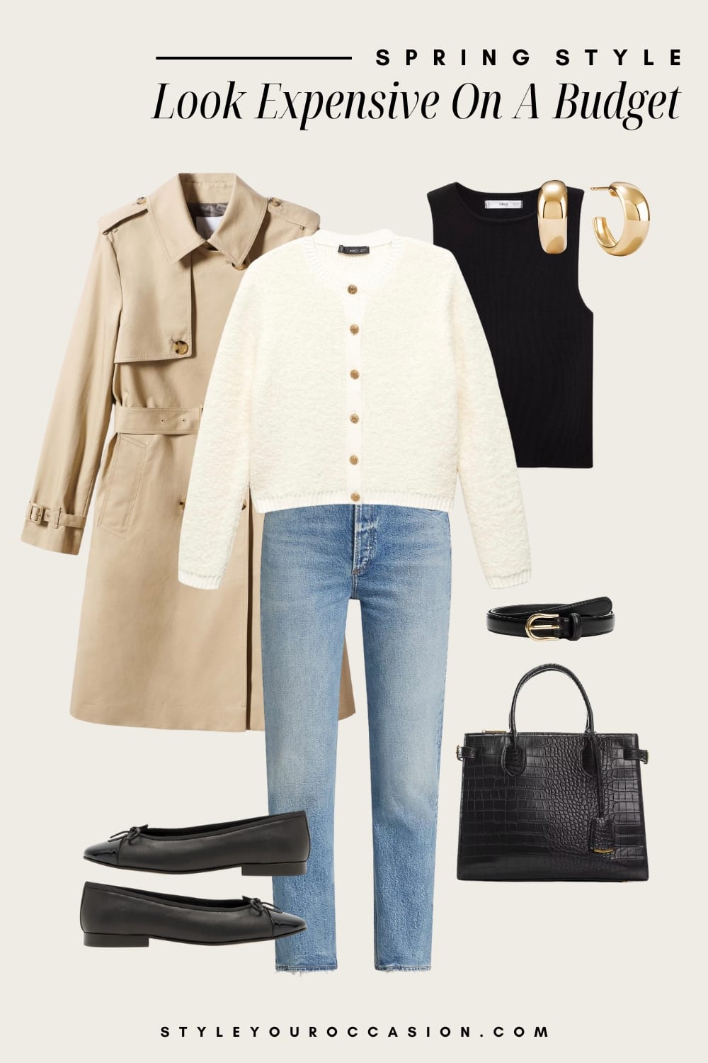 Outfit graphic of straight jeans, a white cardigan sweater, a black tank top, black ballet flats, a tan trench coat and black accessories.