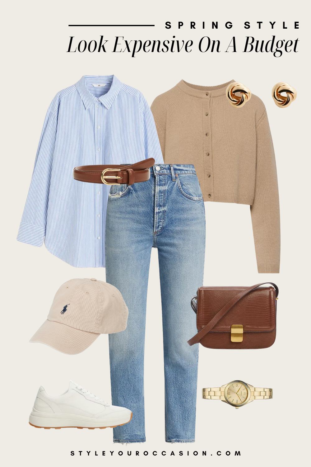 Outfit graphic of straight jeans, a blue stripped button down, a tan cardigan, sneakers and a baseball cap with brown and gold accessories.