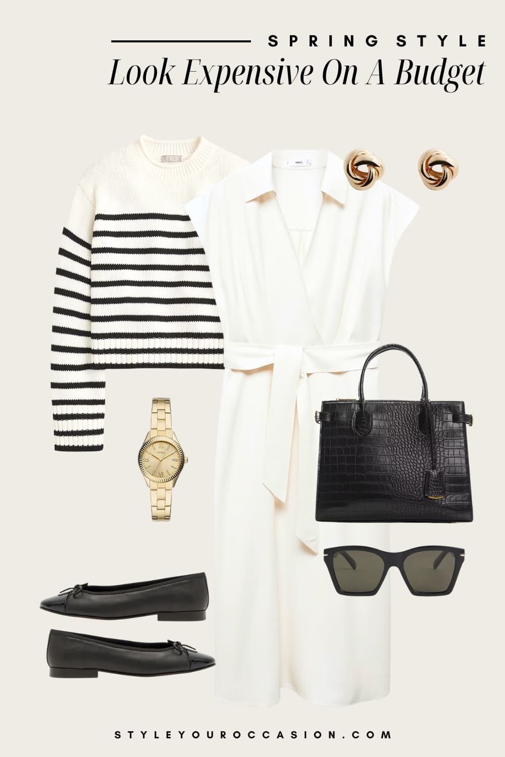 Outfit graphic of a midi white shirtdress, a black and white stripped cardigan, black ballet flats and black and gold accessories.