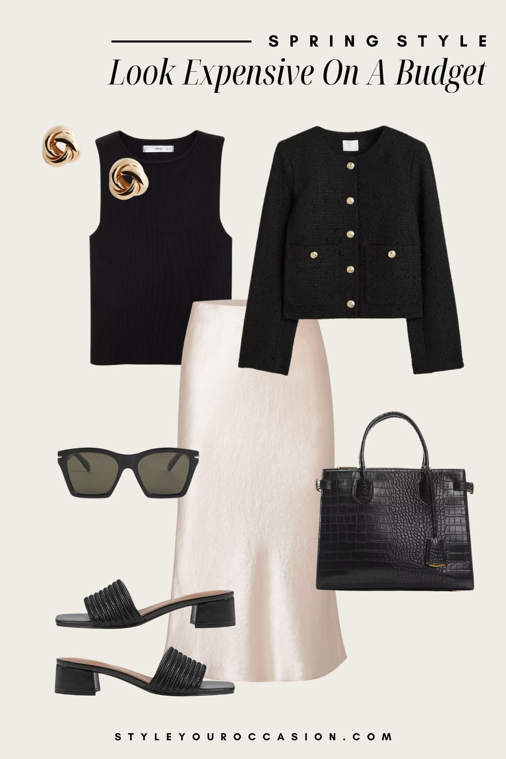 Outfit graphic of a champagne colored slip skirt, a black tank top, a black cardigan, black block heels, and black accessories.