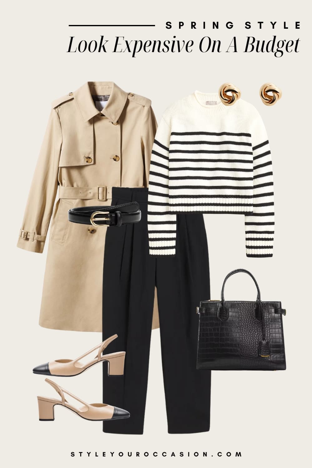 Outfit graphic of black trousers, a black and white stripped sweater, black and tan Mary Jane heels, a tan trench coat and black accessories.