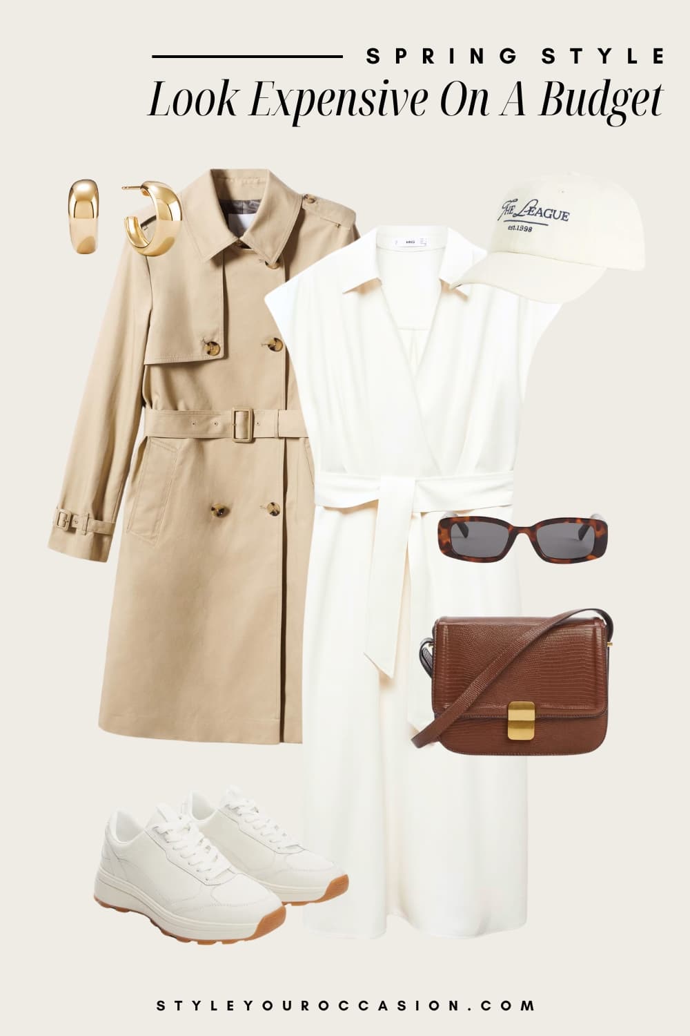 Outfit graphic of a midi white shirtdress with sneakers, a trench coat, a baseball cap and brown accessories.