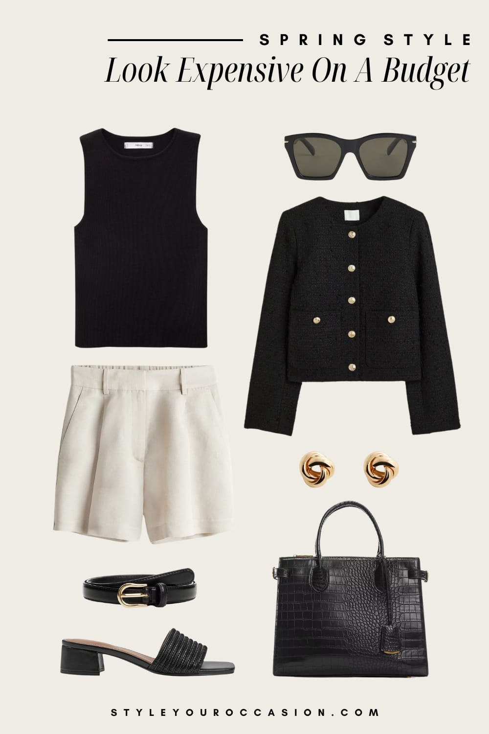 Outfit graphic of linen shorts, a black tank top, a black cardigan, black block sandals and black accessories.