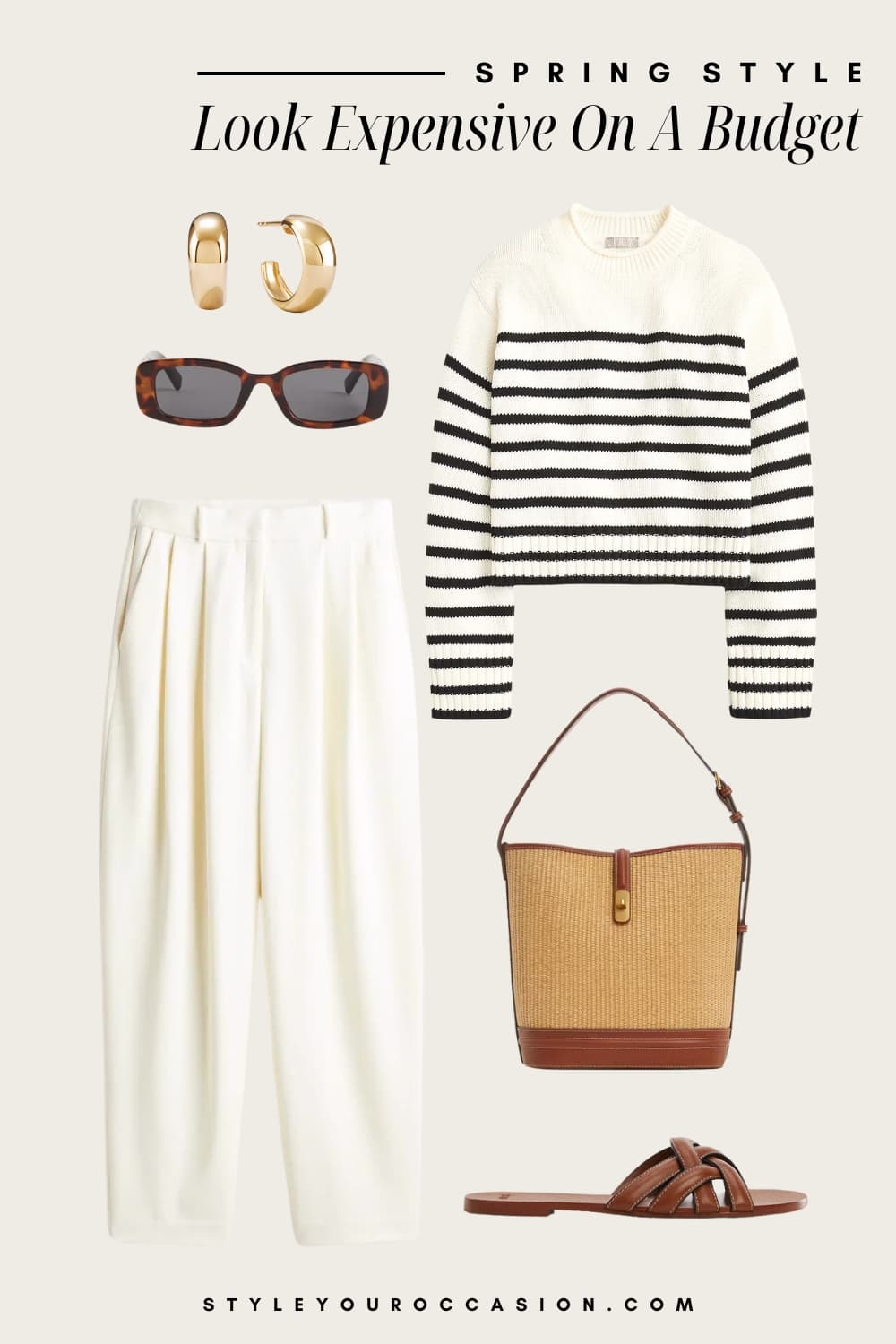 Outfit graphic of white trousers, a black and white stripped cardigan brown sandals and brown accessories.