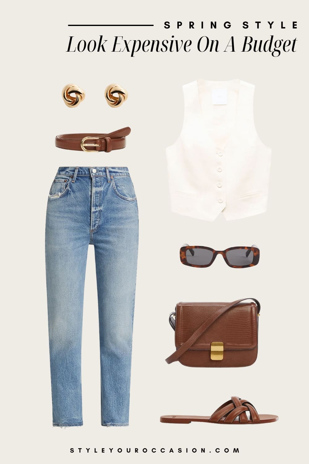 Outfit graphic of straight jeans, a white vest top, brown sandals and brown accessories.