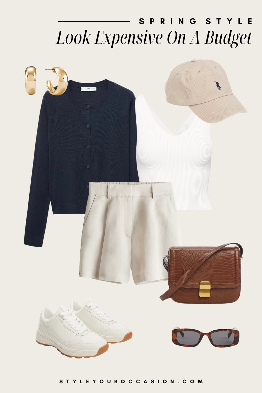 Outfit graphic of linen shorts, a white tank top, a navy sweater, sneakers, a baseball cap and brown accessories.