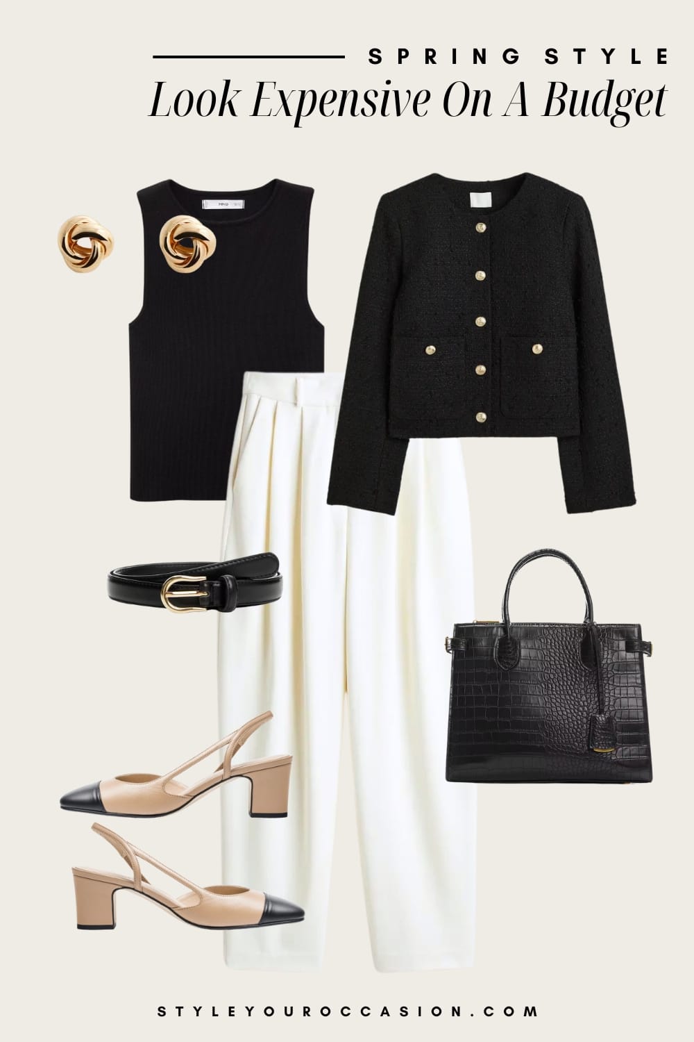 Outfit graphic of white trousers, a black tank top, a black cardigan, black and tan mary jane heels and black accessories.