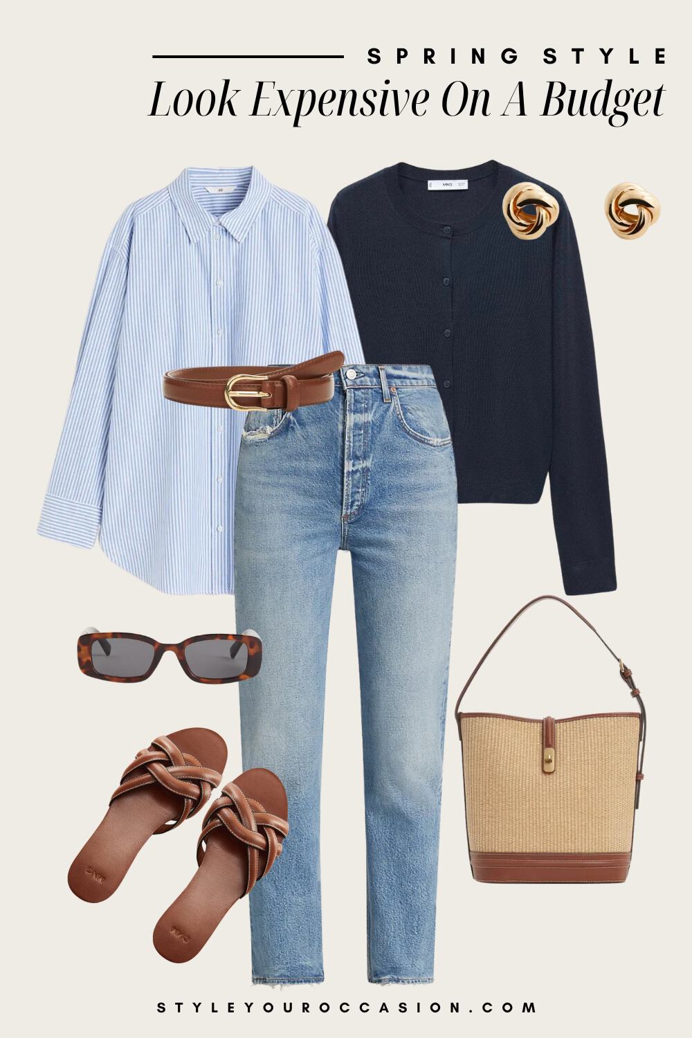 Outfit graphic of straight jeans, a blue stripped button down, a navy cardigan and brown accessories.