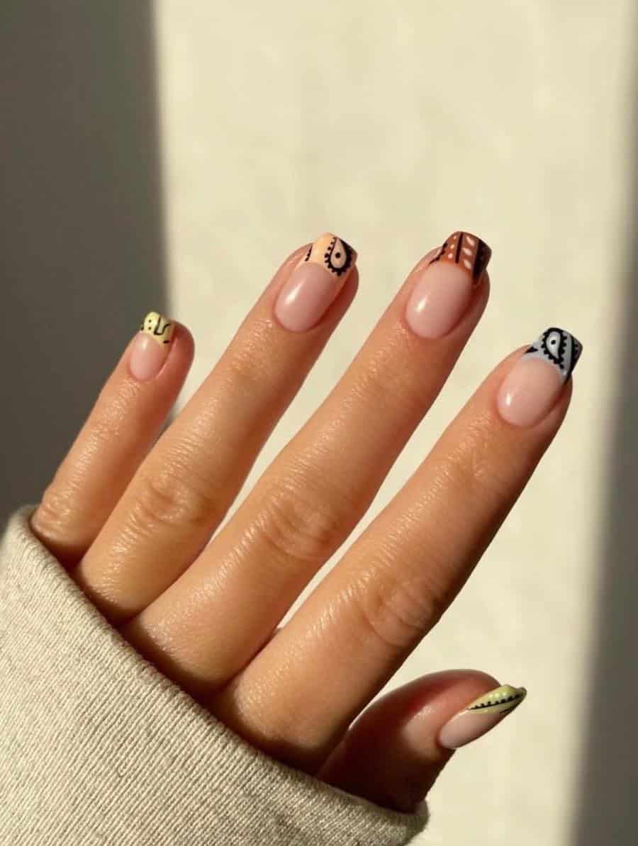 Short square nails with gradient paisley tips