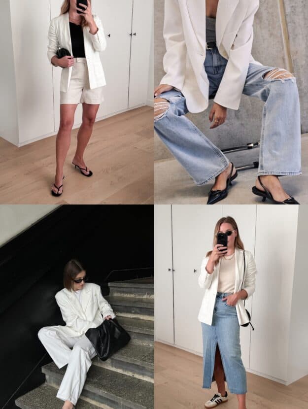 collage of four women wearing outfits with a white blazer