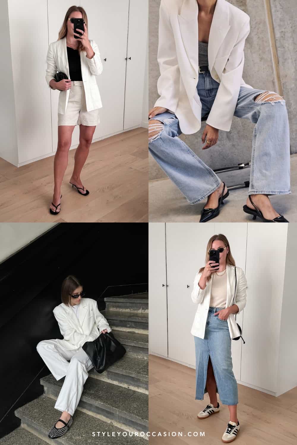 collage of four women wearing outfits with a white blazer
