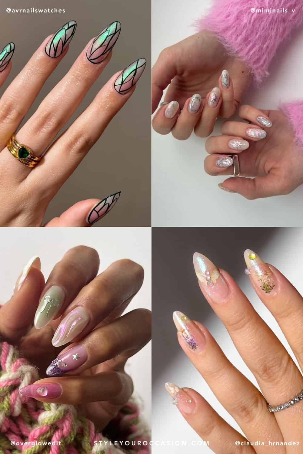 collage of four hands with fairy nails and fairy nail designs with wings, starts, and more