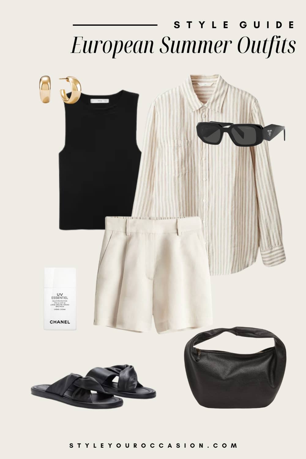 Outfit graphic of tan linen shorts, a black tank top, a tan and white striped button down, and black accessories.