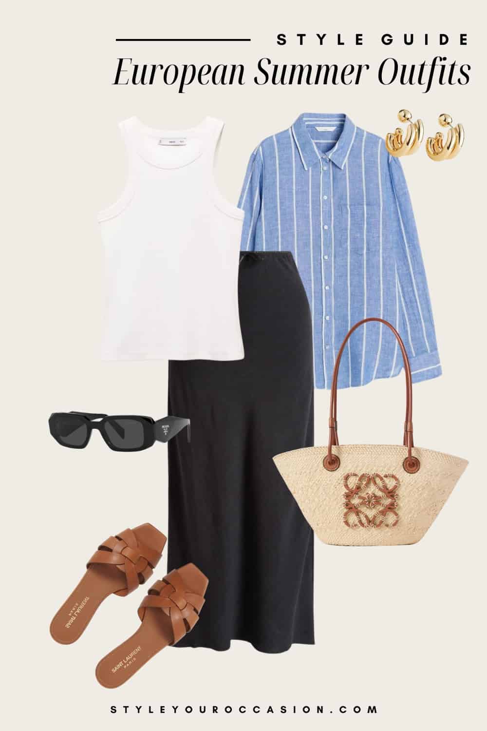 Outfit graphic of a black linen midi skirt, a white tank top, a blue and white striped button down, brown sandals and a raffia bag.