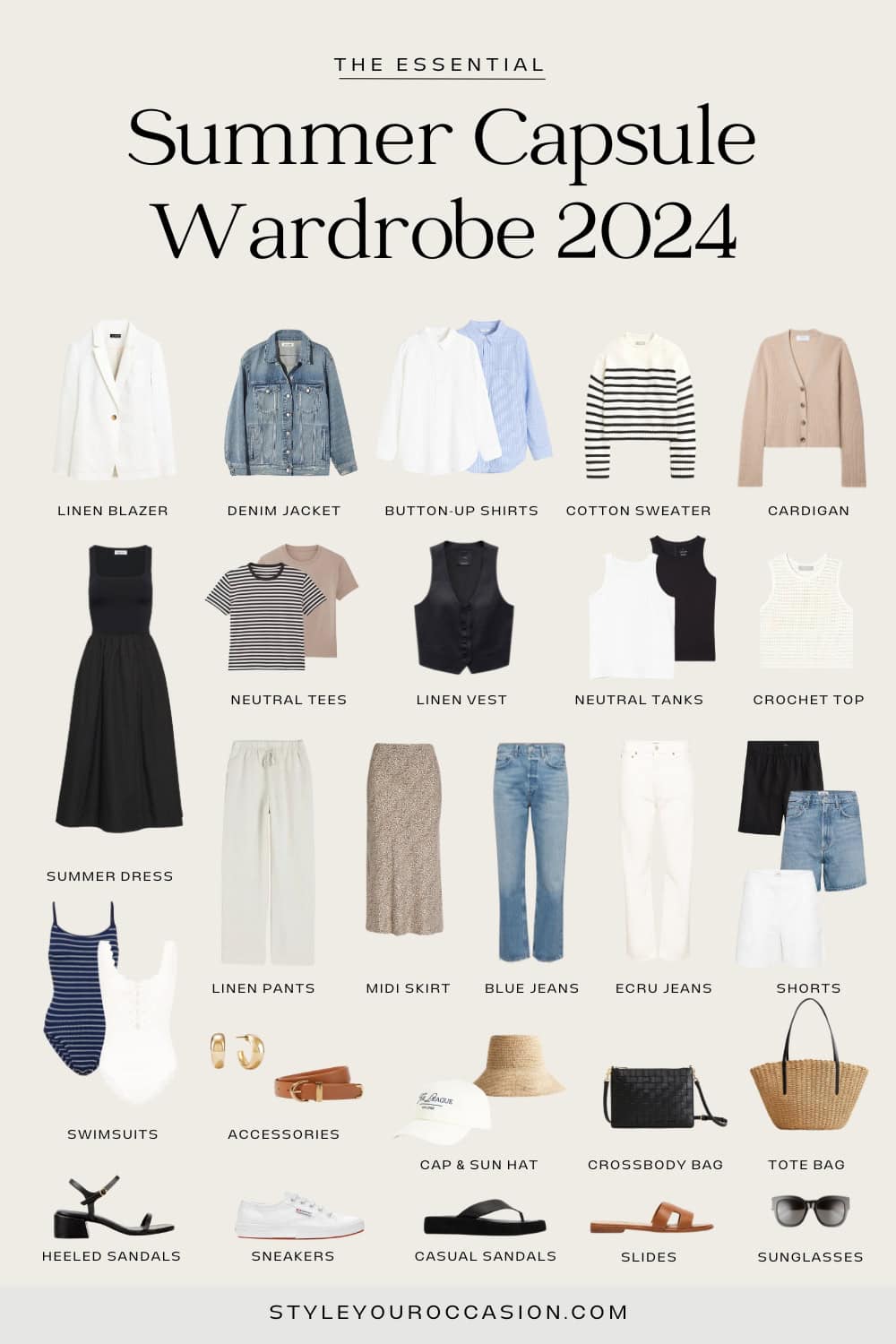 graphic of a 2024 summer capsule wardrobe with neutral clothing and accessories