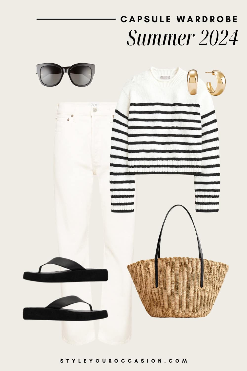 summer outfit graphic with a striped cotton sweater, off-white jeans, black sandals, and a straw bag