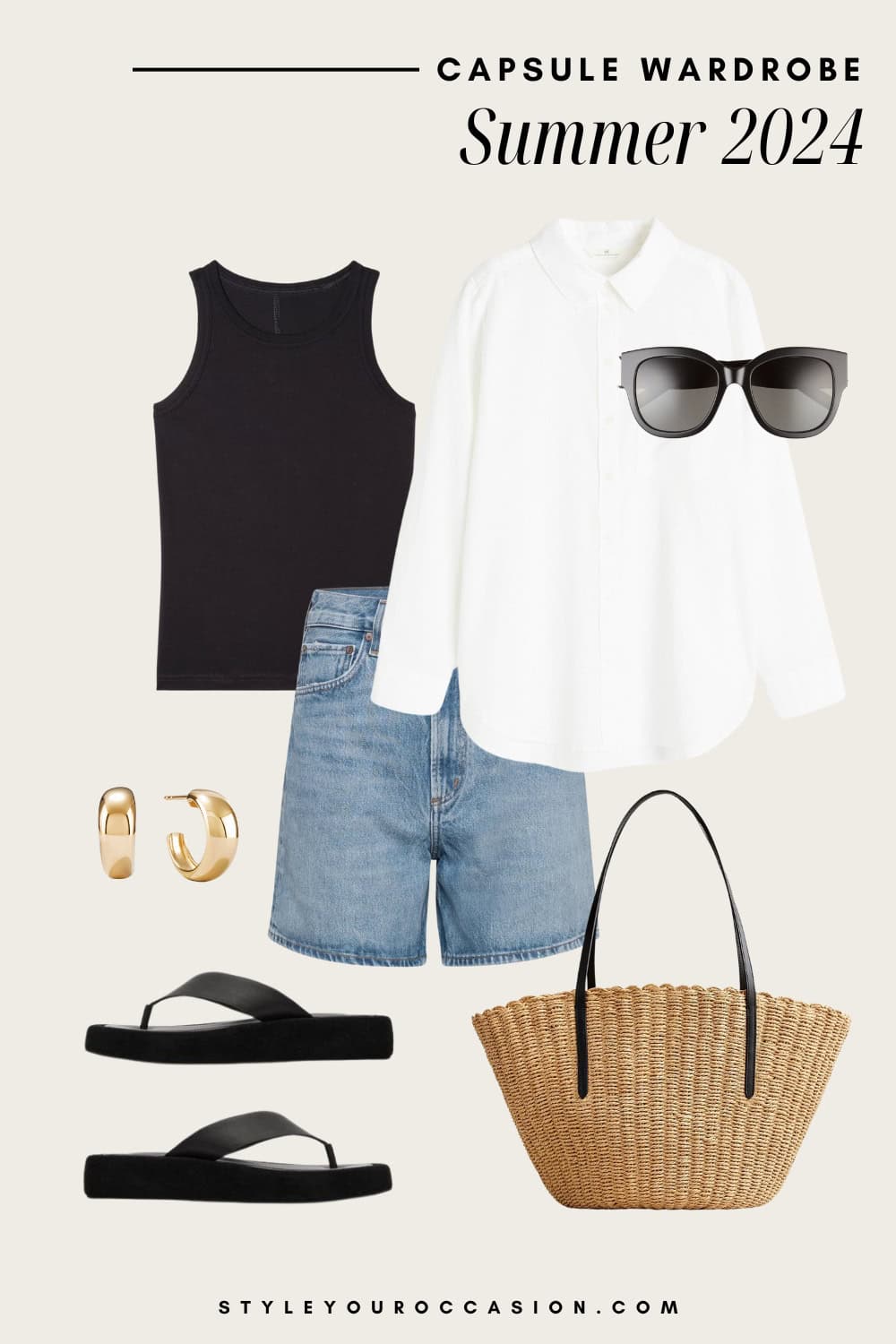outfit graphic with denim shorts, a black tank top, white button-up shirt, straw tote, and chunky black sandals for a summer capsule wardrobe