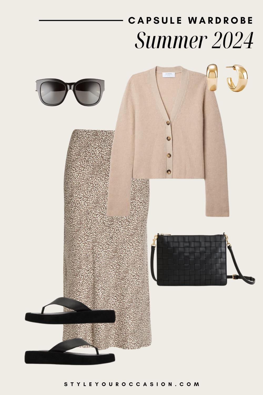 outfit graphic with a beige knit cardigan, leopard print midi skirt, black sandals, and black crossbody bag for summer