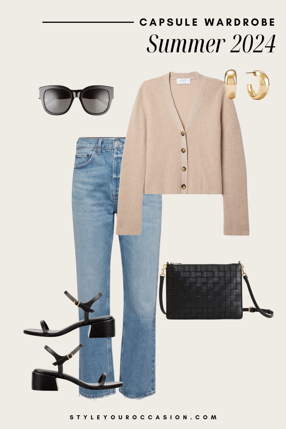 summer outfit with a beige cashmere cardigan, blue jeans, black heeled sandals and a black bag
