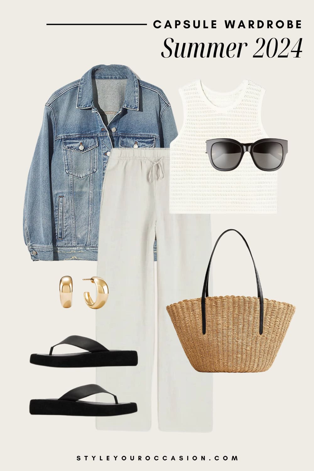 outfit graphic with beige linen pants, a crochet tank top, straw bag, black chunky sandals, and an oversized denim jacket for summer