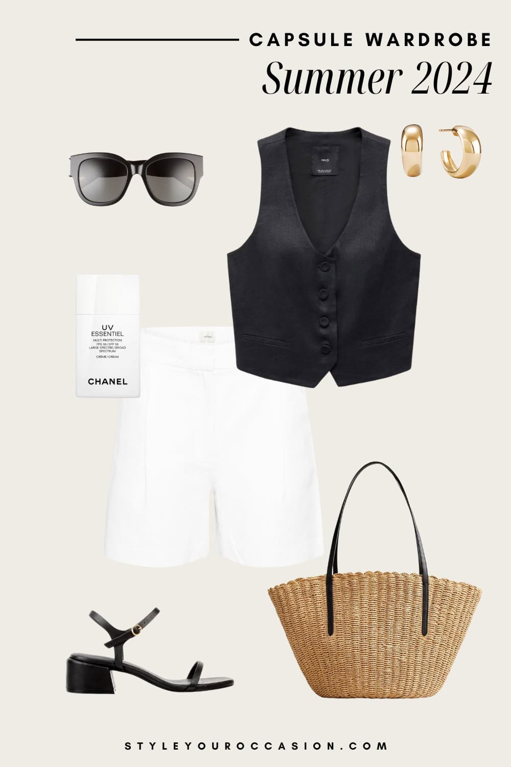 summer outfit graphic with a black linen vest, white linen pleated shorts, black heeled sandals, and a straw bag