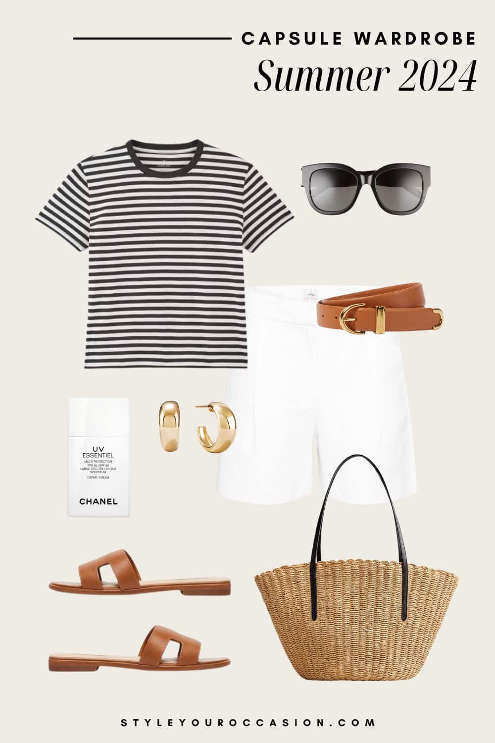 outfit graphic with a striped black and white t-shirt, pleated white linen shorts, brown sandals, and a basket bag