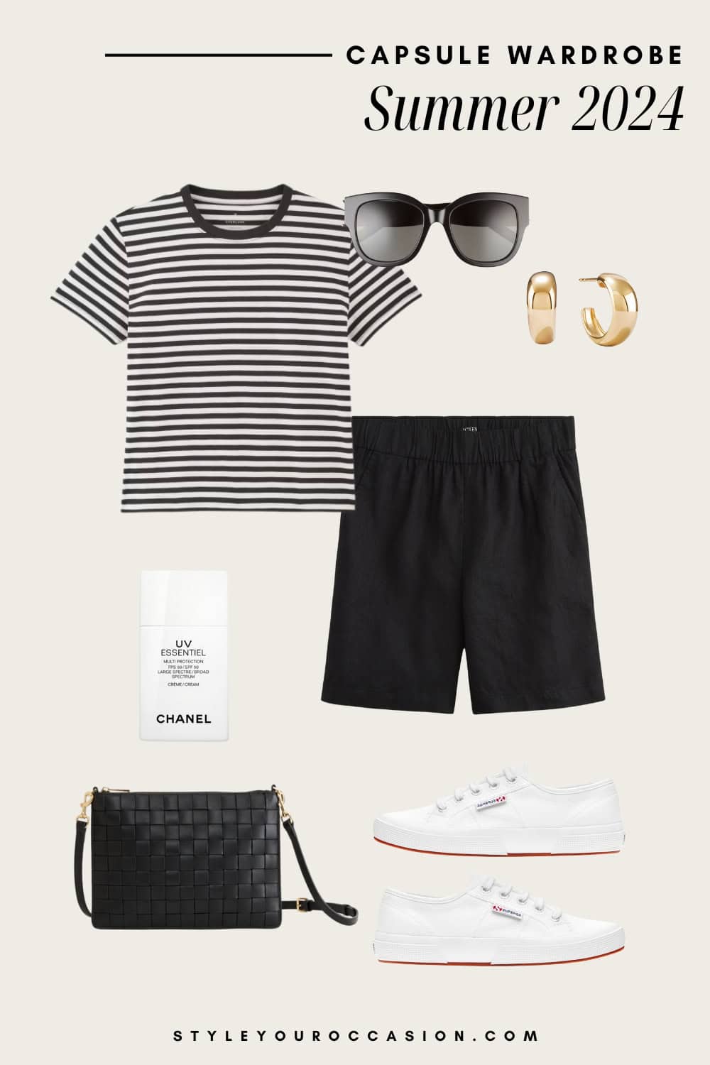 outfit graphic with a striped black and white t-shirt, black linen shorts, white sneakers, and a black woven crossbody bag