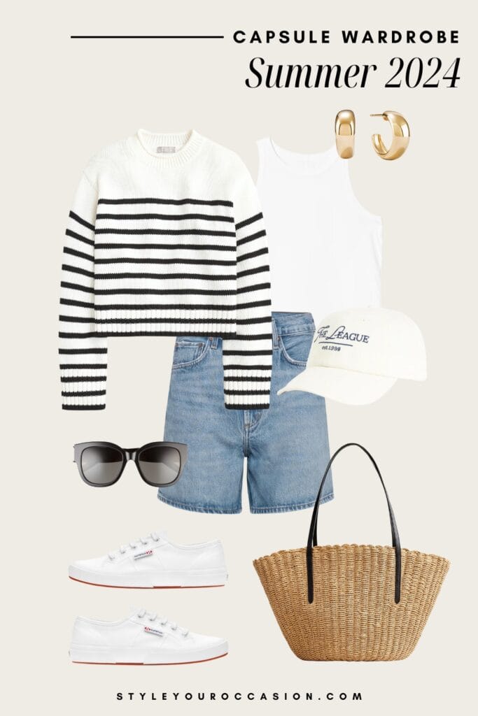 summer outfit graphic with a white tank top, striped sweater, denim shorts, and white sneakers