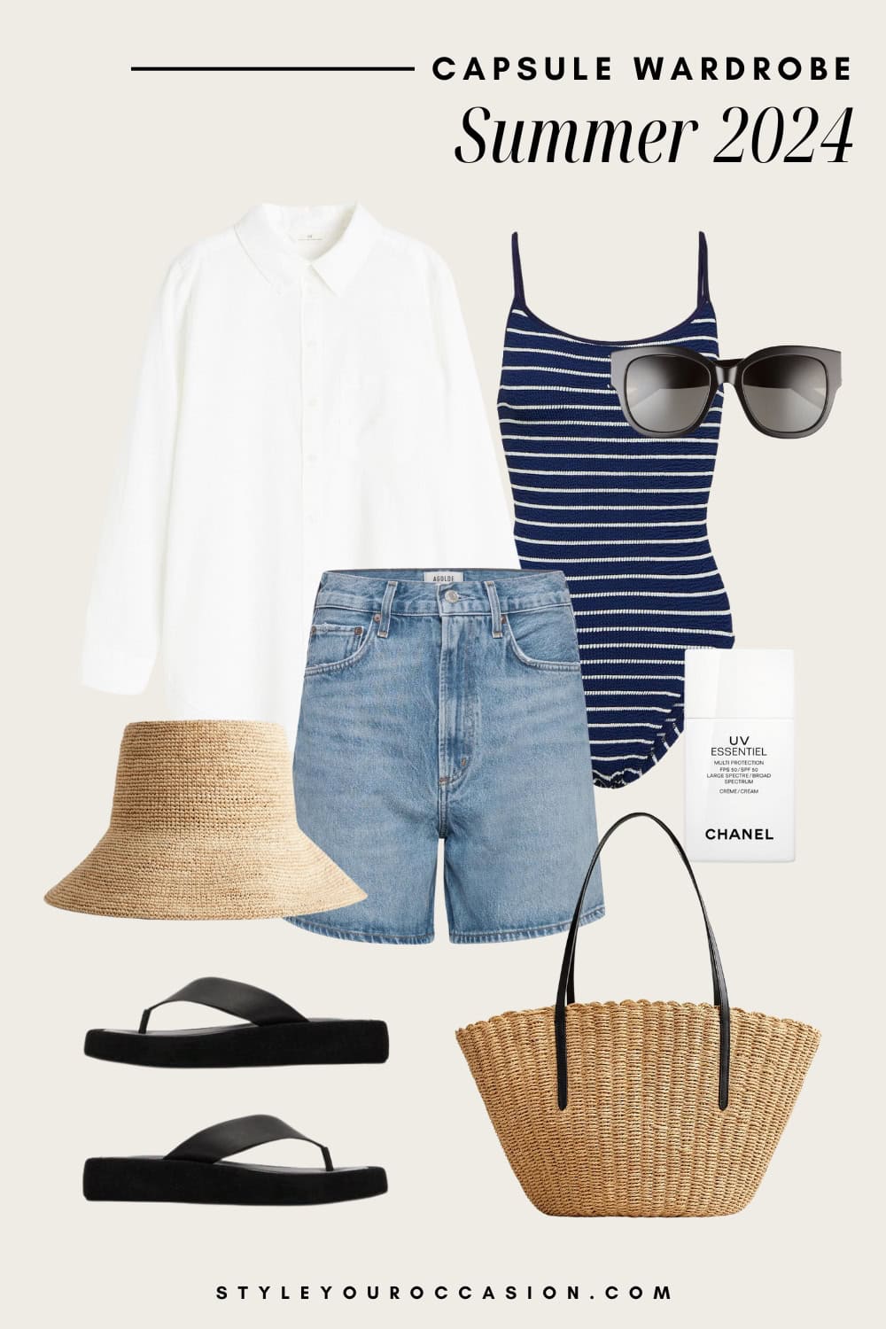 summer outfit graphic with a striped navy swimsuit, denim shorts, white linen button up shirt, straw bucket hat, black sandals, and a straw tote bag