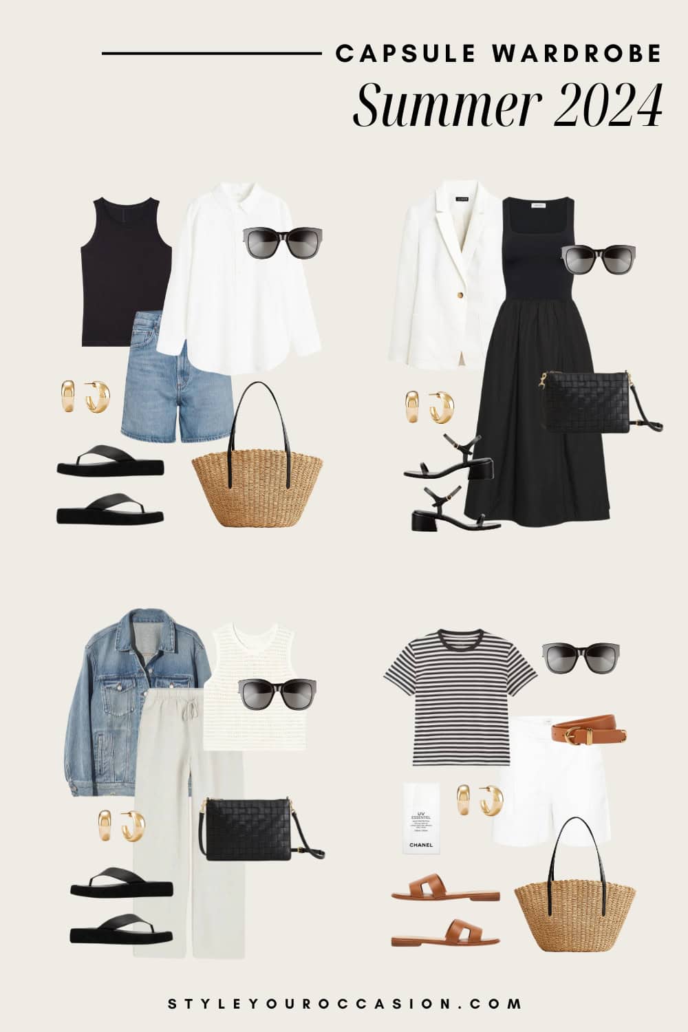 collage of summer capsule wardrobe outfits with neutral summer clothing and accessories