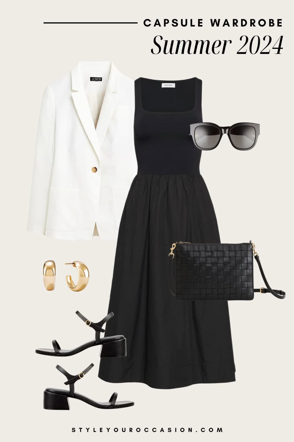 outfit graphic with a black summer dress, white linen blazer, black heeled sandals, and woven black leather bag