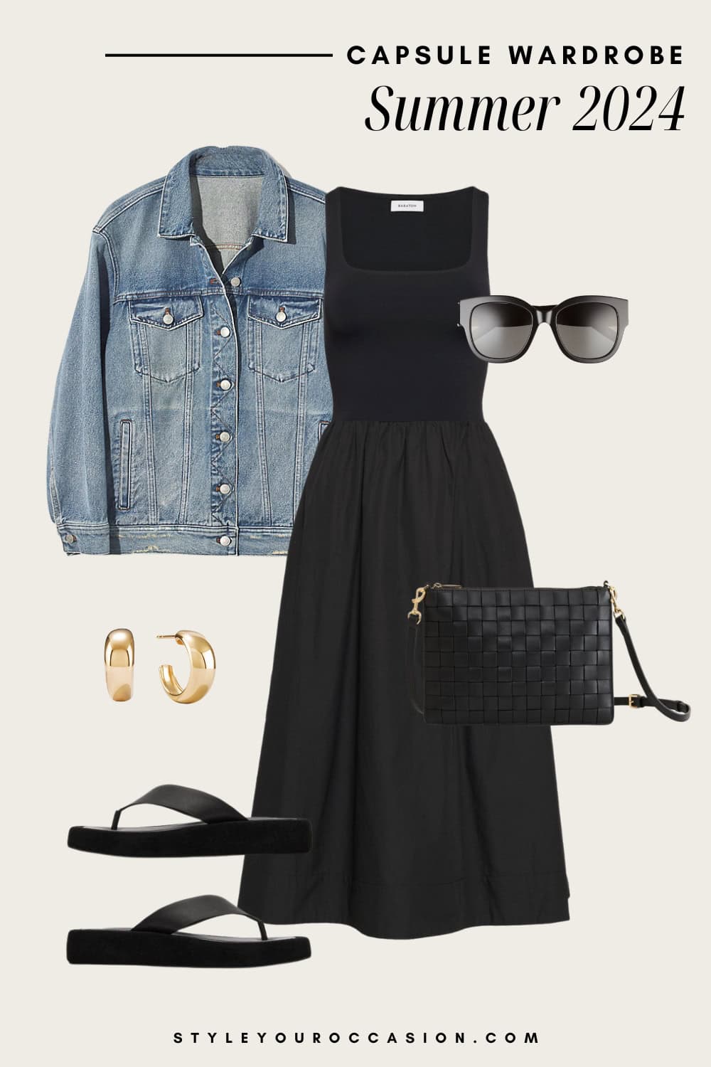 outfit graphic with a black summer dress, denim jacket, black chunky sandals, and woven black leather bag