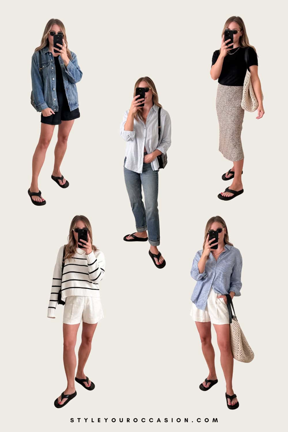 collage image of a woman wearing five different outfits from a summer capsule wardrobe