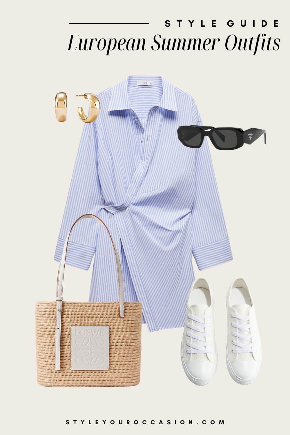 Outfit graphic of a blue and white striped wrap dress and white sneakers with a raffia bag.