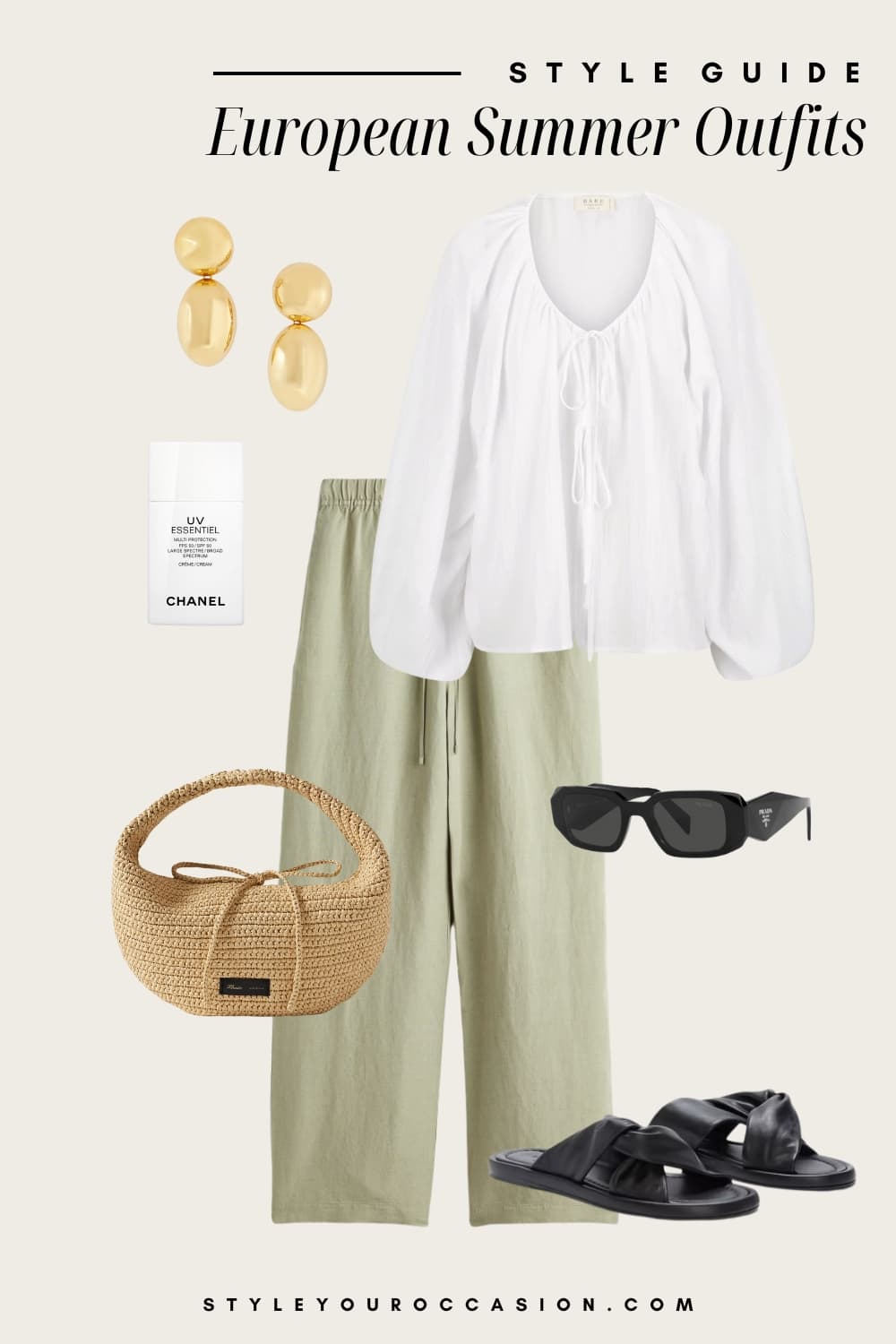 Outfit graphic of green linen pants, a white peasant top, black sandals and a raffia bag.