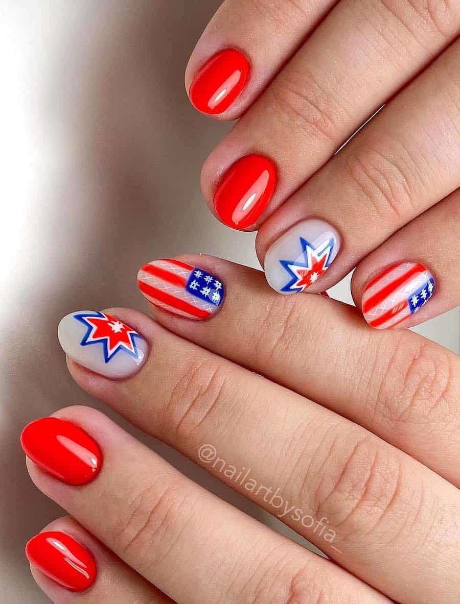 short round red nails with milky white accent nails featuring firework and American flag nail art