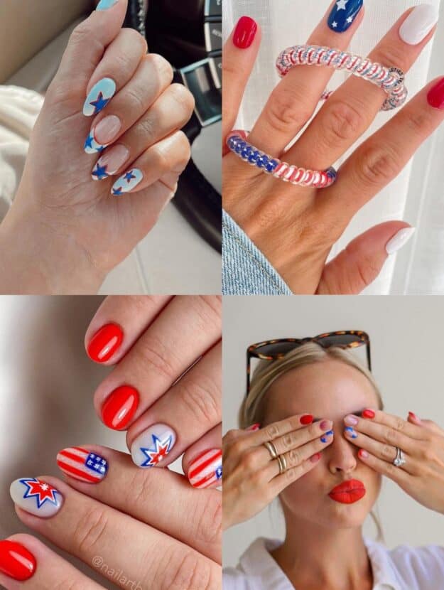 collage of four hands with 4th of July nail designs