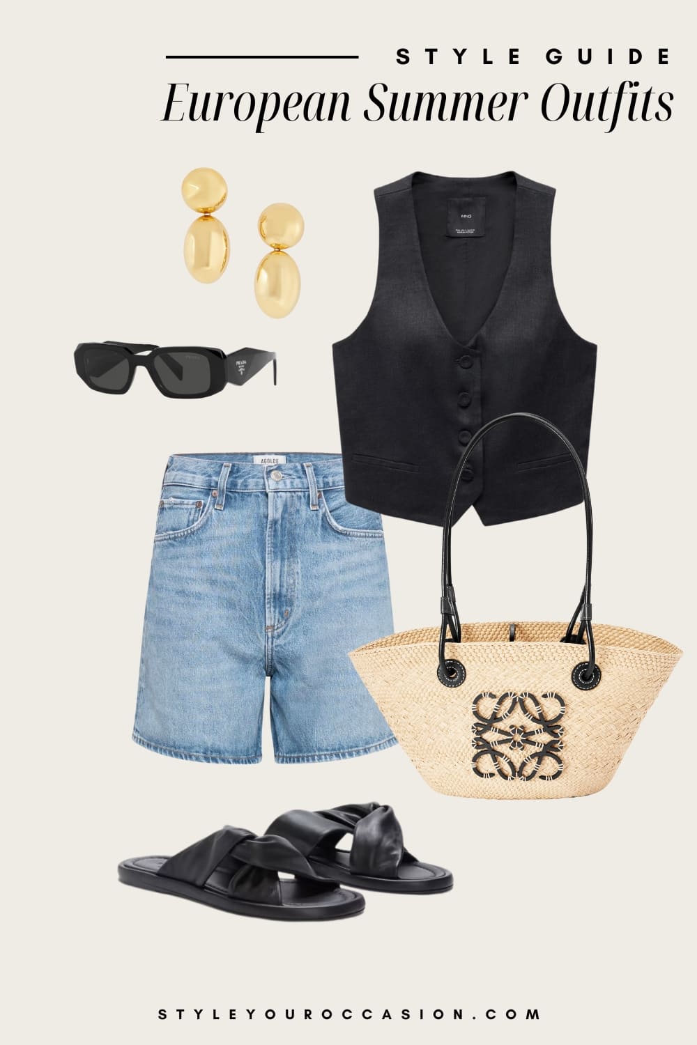 Outfit graphic of denim Bermuda shorts, a black vest top and black sandals.