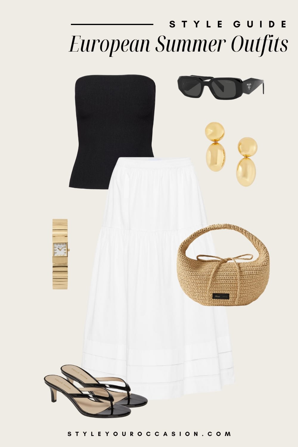 Outfit graphic of white midi skirt, a black tube top, black heeled sandals, a raffia bag and gold accessories.