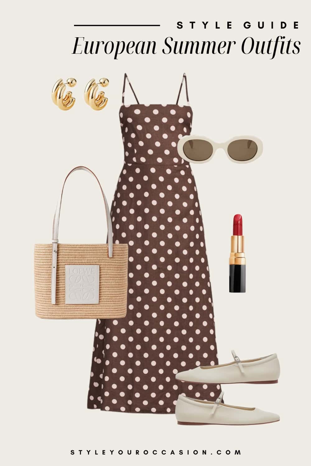 Outfit graphic of a brown and white polka dot midi dress with Mary Jane flats, and a raffia bag.